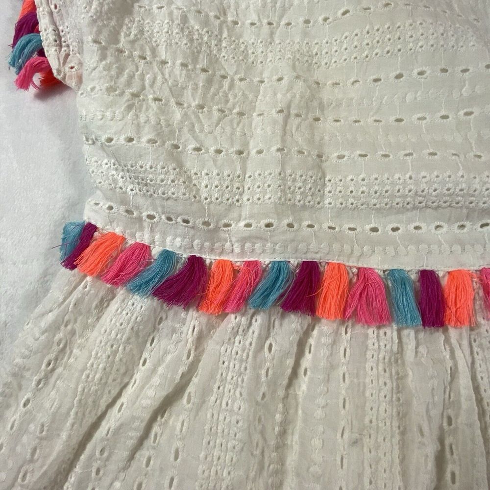 Andree White Babydoll Top Large Eyelet Boho Summer Beach Boutique Tassels Ruffle - Picture 10 of 10
